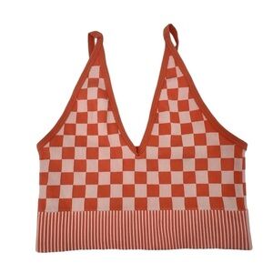 Orange Checkered Crop V-Neck Tank Top Size Small Women’s
